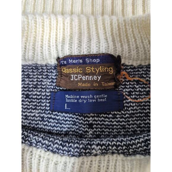 60s JC Penny Classic Styling Sweater The Mens Shop Cream/Blue/Tan Men L Acrylic - Picture 4 of 10